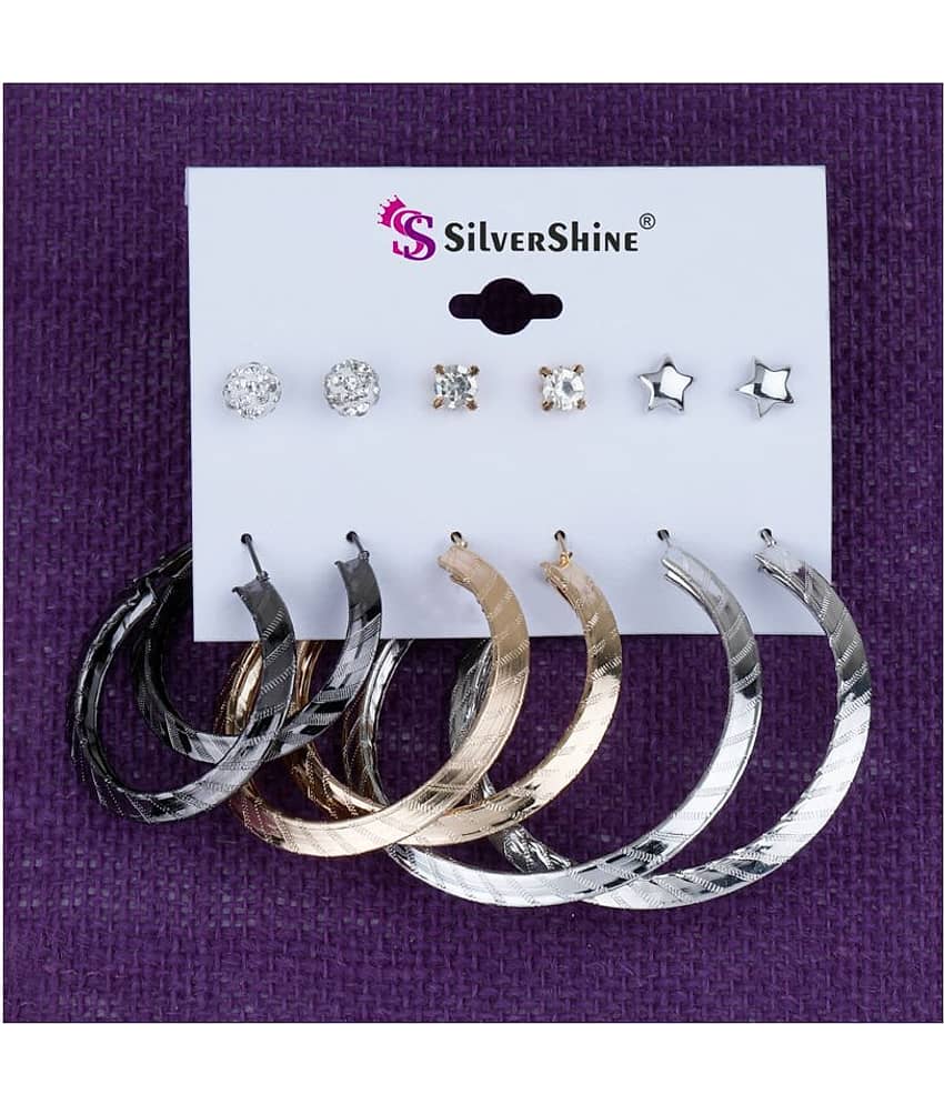 Silver Shine Stylish Fashion Earring Combo 3 Bali With 3 Studs Set For Women Girls view 2