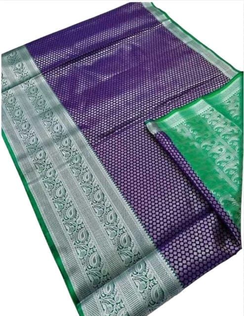Purple and Green Silk Saree With Silver Zari Border view 2