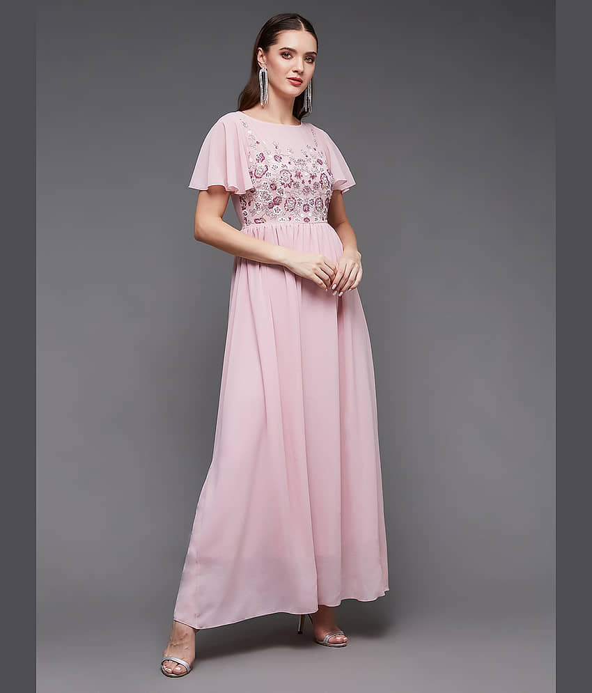 Miss Chase Women Georgette Embellished Fit & Flare Dress ( Pink ) view 2