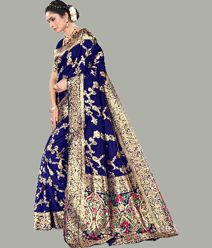 GARIYA Banarasi Silk Embellished Saree With Unstitched Blouse Piece ( Navy Blue ) view 2