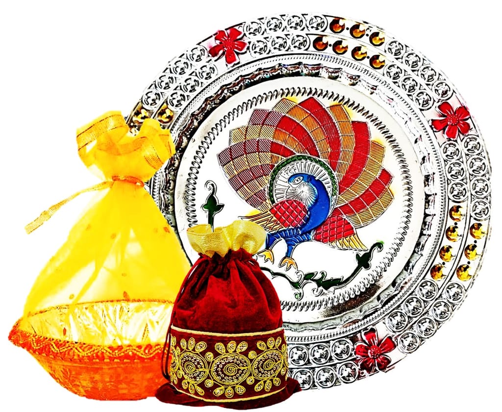 Omkar by R3 Inc. Multicolor Silver Gift Plate, Basket with Shagun Potli for Gifts Hampers | Fancy Hamper| Wedding Basket / Pouch for gift Packing (Pack of 3) view 2