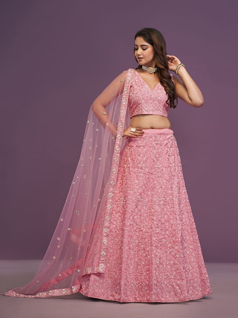 JIHU CULTURE Women's Pink Malai Silk Lehenga Choli Set With Sequins Embroidered Work view 2