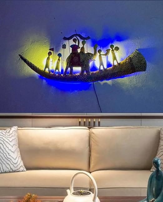 "Vibrant Metal Wall Art Decor - Intricate Elephant Procession Sculpture - Handcrafted Indian Artwork" view 2