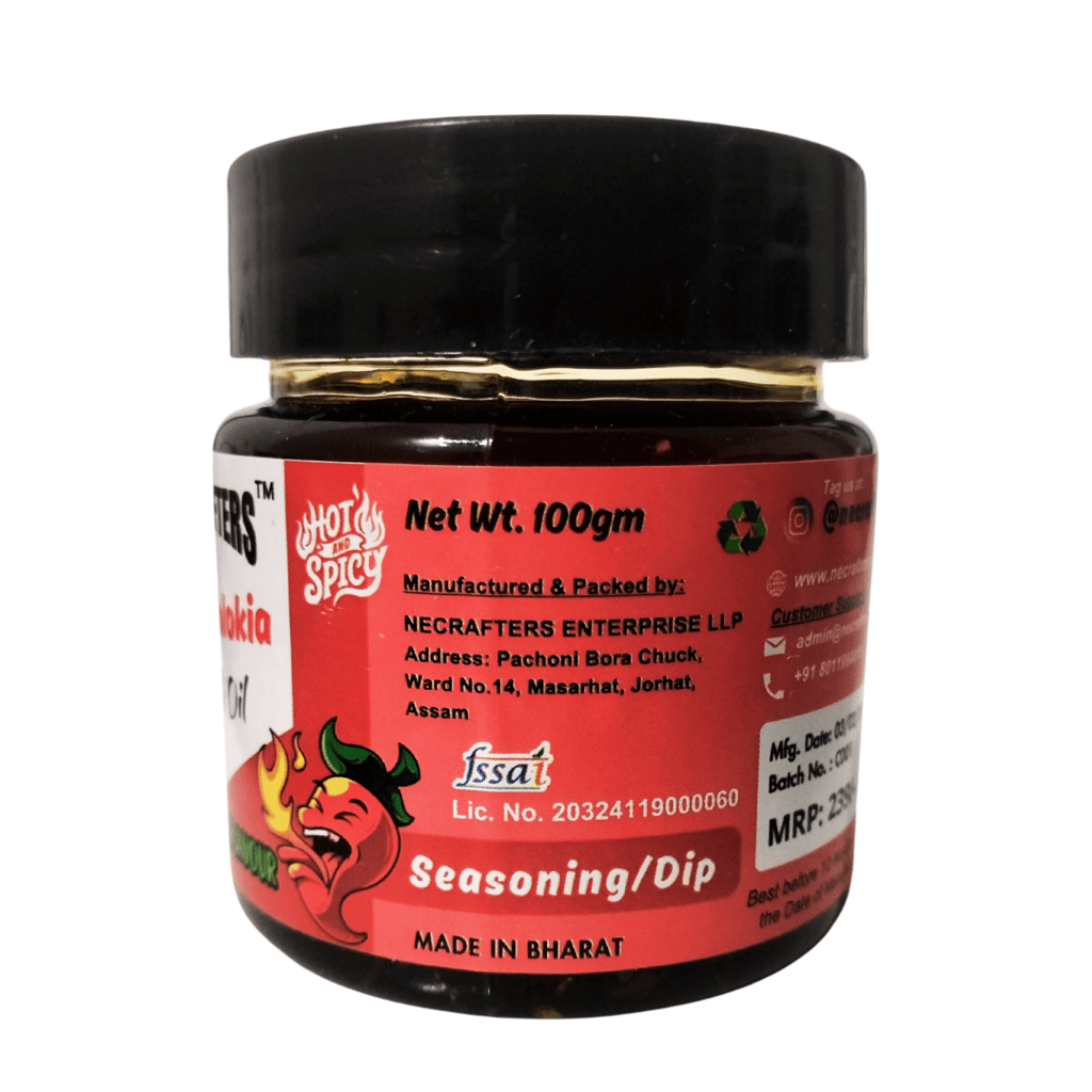 NE CRAFTERS Bhut Jolokia Chilli Oil | Premium | Hand-Made with Bhut Jolokia Pepper, Red Chillies, Garlic, Onion, Cinnamon and Spices | Best with Momos, Ramen, Noodles, Pasta - Knockout (100 gms) view 2