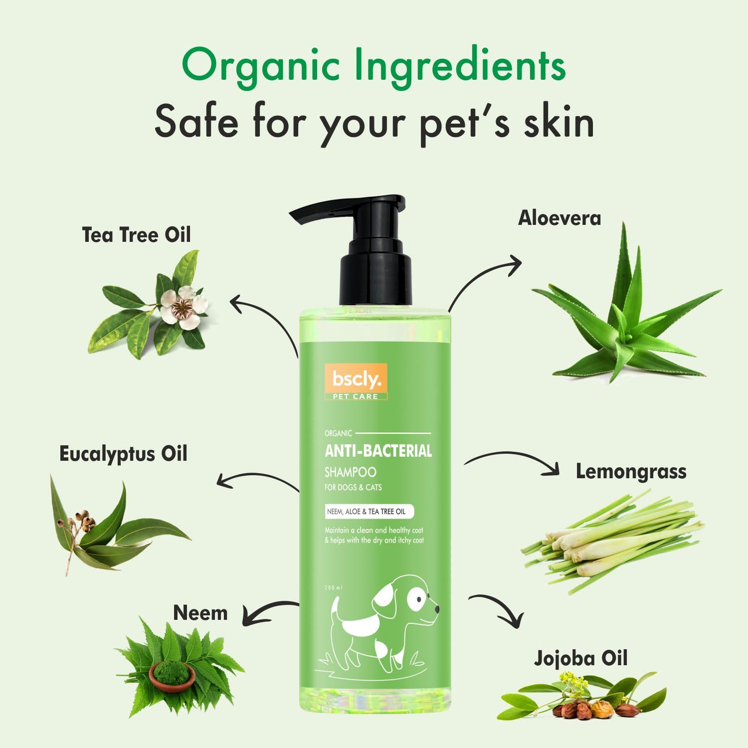 Bscly Anti Bacterial Dog Shampoo - with Neem, Aloe & Tea Tree Oil | Dog Shampoo for Pomeranian, Shih tzu Puppy, German Shepherd, Labrador & Golden Retriever, Dogs Shampoo, 200 ml view 2