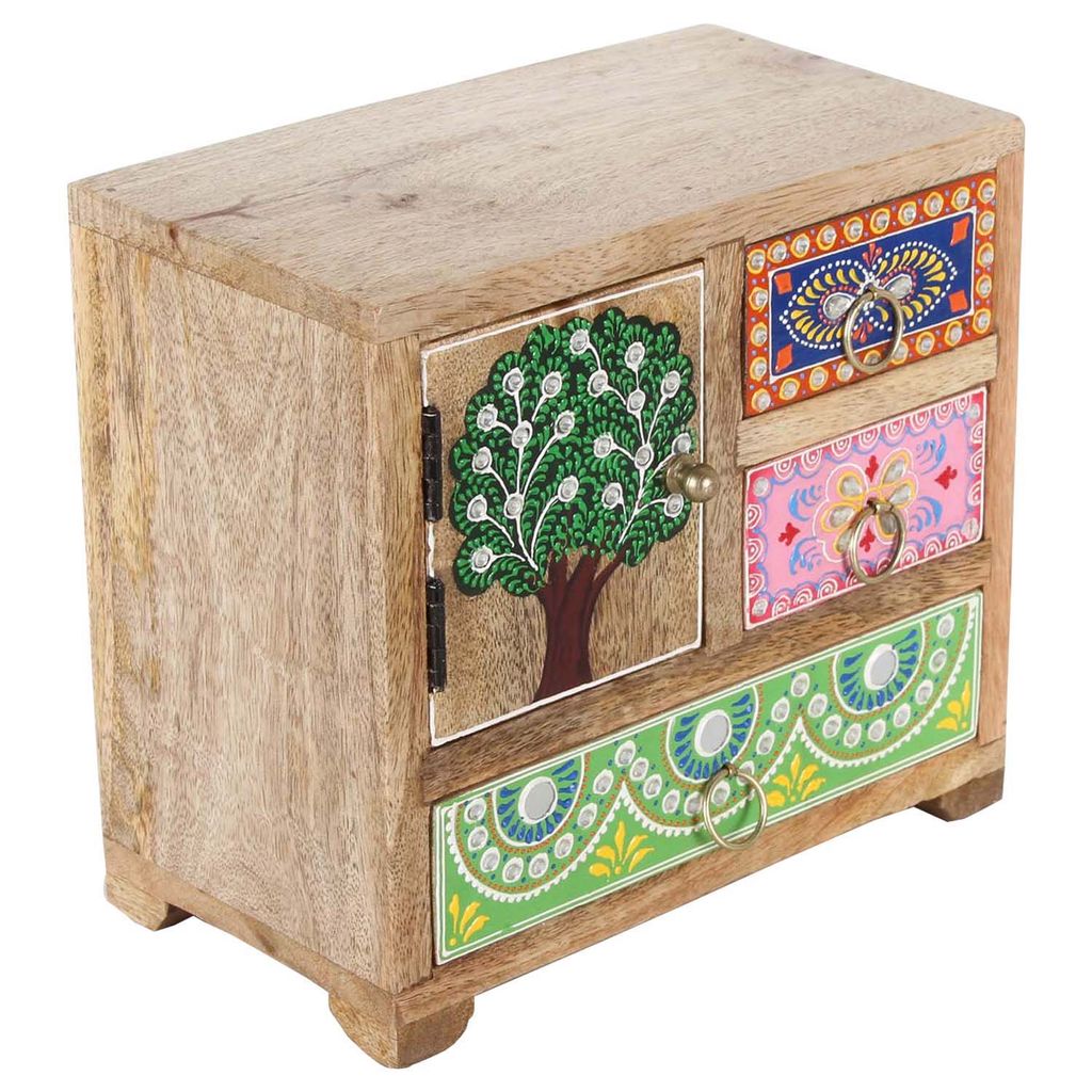 Creative Handicrafts 4 Drawer Hand Painted Rajasthani Style Embossed Wooden Box/Almirah view 2