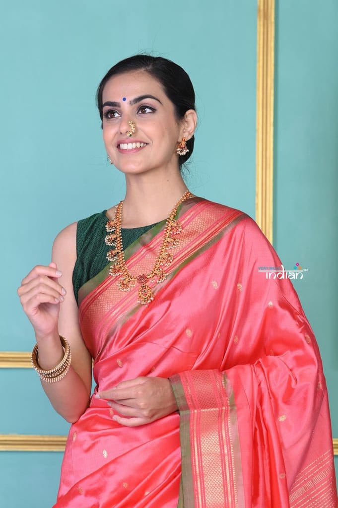 EXCLUSIVE! Traditional Pretty Powder Peach Pure Silk Double Pallu Paithani With Designer Peacocks Pallu view 2