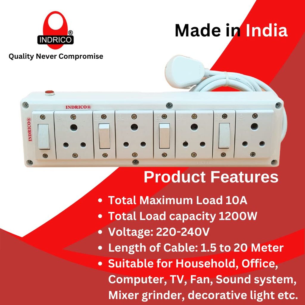 INDRICO? 3 Pins Multi Outlet Extension Board with Individual Switch Long Cable (Max. Rating 1200W) White (20 Meter Cable) view 2