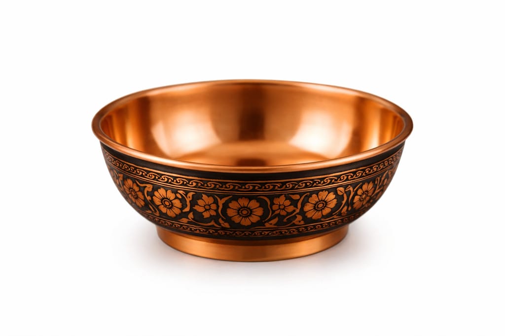 Handcrafted Copper Floral Engraved Bowl – Traditional Decorative Copper Serving Bowl