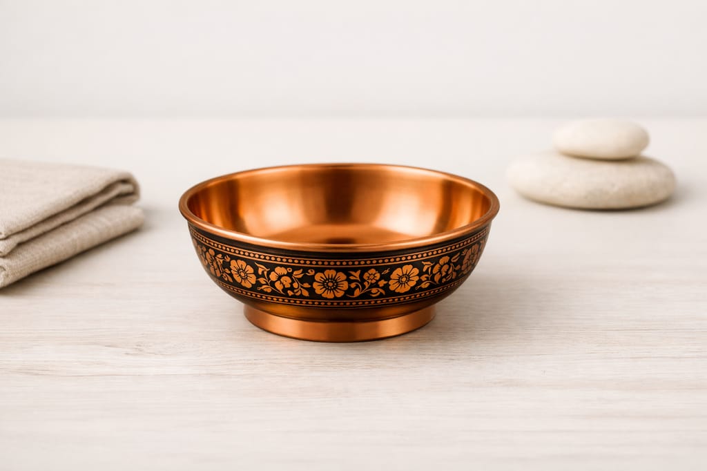 Handcrafted Copper Floral Engraved Bowl – Traditional Decorative Copper Serving Bowl view 2