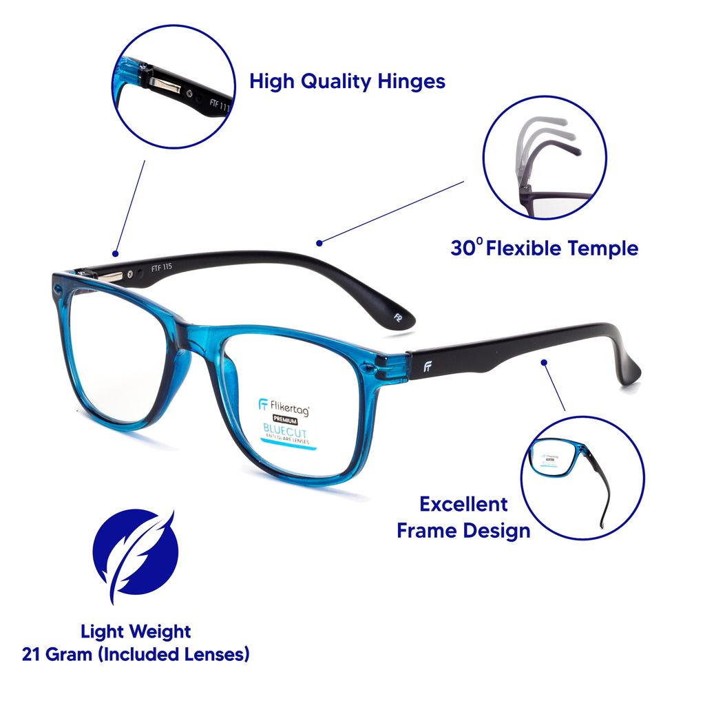 Flikertag Blue Cut Computer Glasses for Eye Protection | Zero Power Blue Light Filter Glasses With UV Protection | Anti Glare Specs for Men & Women [FTF115 F2 Wayfarer Glossy Blue Frame, 50mm] view 2