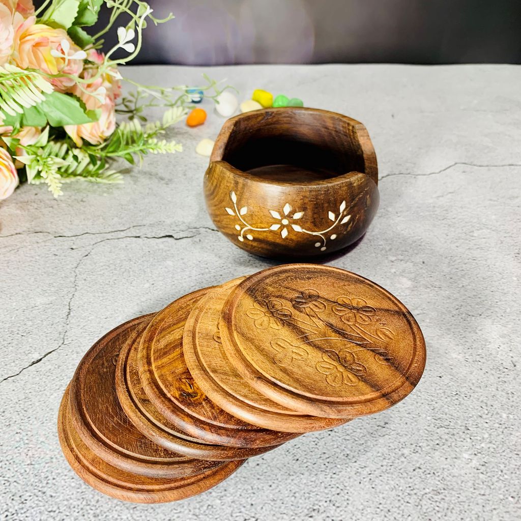 Homefrills Wooden Round shape Coaster Set for Tea Cups Coffee Mugs Beer Cans Bar Tumblers and Water Glasses for Kitchen/Dining Table/Office/Restaurant - Handmade Wooden Coasters - Set of 6 view 2