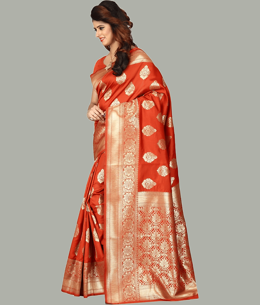 GARIYA Banarasi Silk Woven Saree With Unstitched Blouse Piece ( Rani )