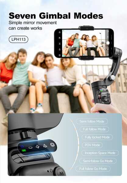 Lenyes LPH113 - AI Smart Phone Gimbal with Mic, 360 intelligent face recognition tracking, Multi-Person Tracking, 360 Pan Tracking, Built-in Tripod/Selfie Stick, iPhone/Android Portable Stabilizer (Black) view 2