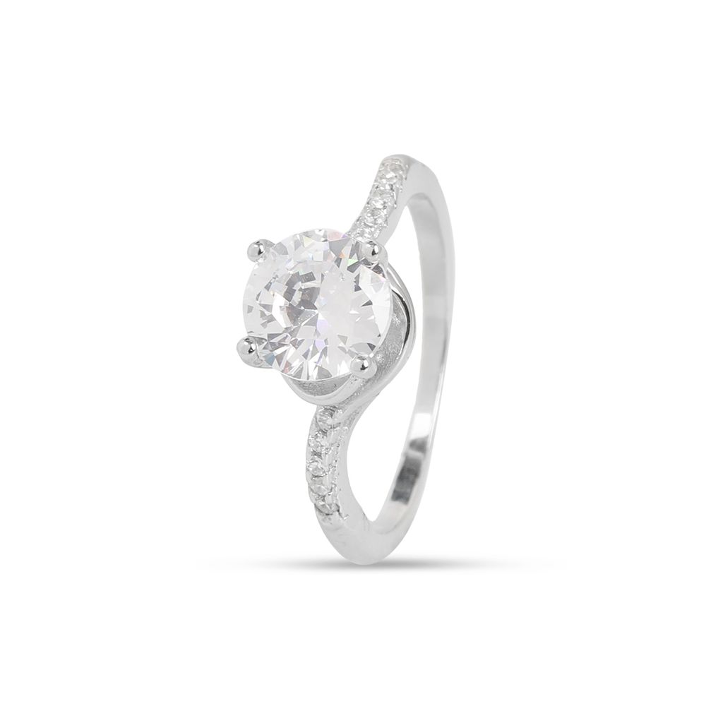 Elegant Solitaire Crystal Ring with Side Accents | Silver-Toned Engagement Ring for Women I Weight - 2.86 gram