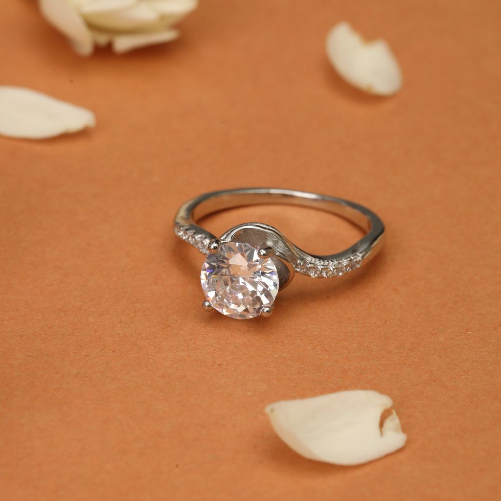 Elegant Solitaire Crystal Ring with Side Accents | Silver-Toned Engagement Ring for Women I Weight - 2.86 gram view 2