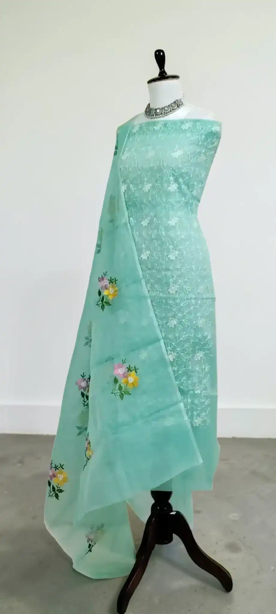 Handwoven Kota Doria Dress Material, Teal Green with Floral Gota Patti view 2