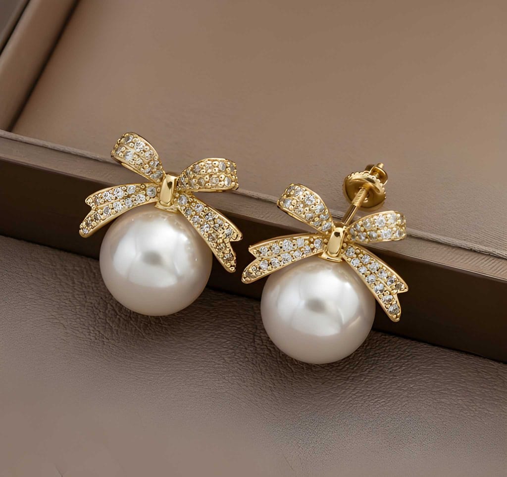 Retro Korean Bowknot Pearl Stud Earrings Jewelry Wedding Party Earrings for Women Girls Elegant Fashion Jewellery