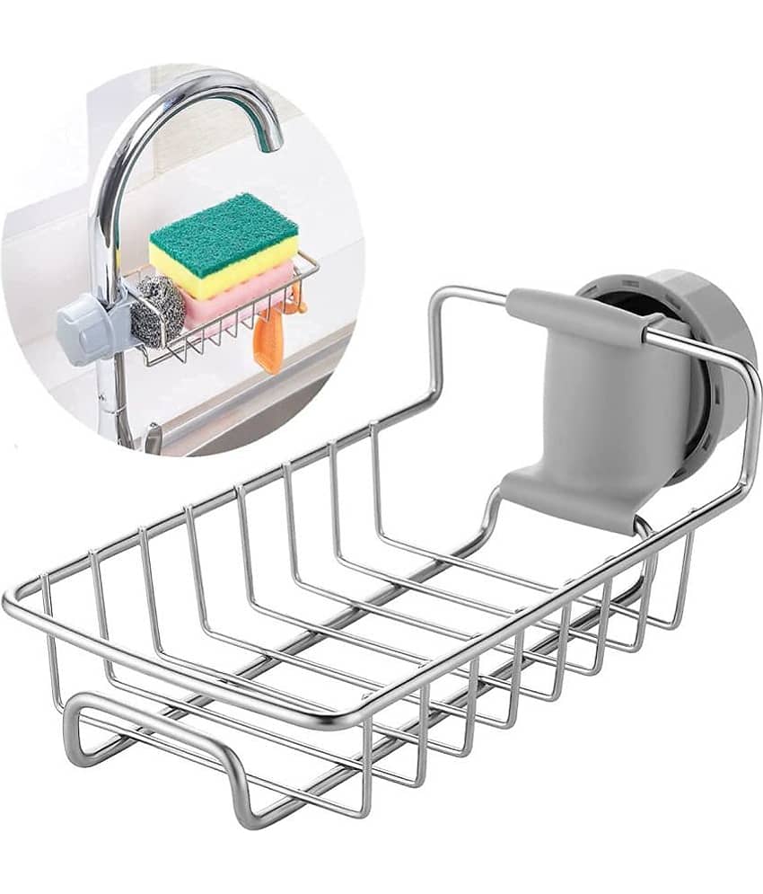 GEEO Kitchen Sink Faucet Sponge Holder Caddy organizer over, stainless steel heavy duty thickening hanging drain rack for scrubbers, sop, bathroom, detachable no suction cup bathroom sop holder view 2
