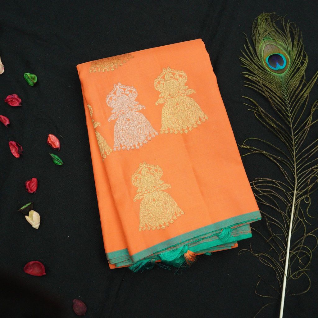 Borderless Kanchipuram Silk Saree in Orange with Gold & Silver Zari Butta view 2