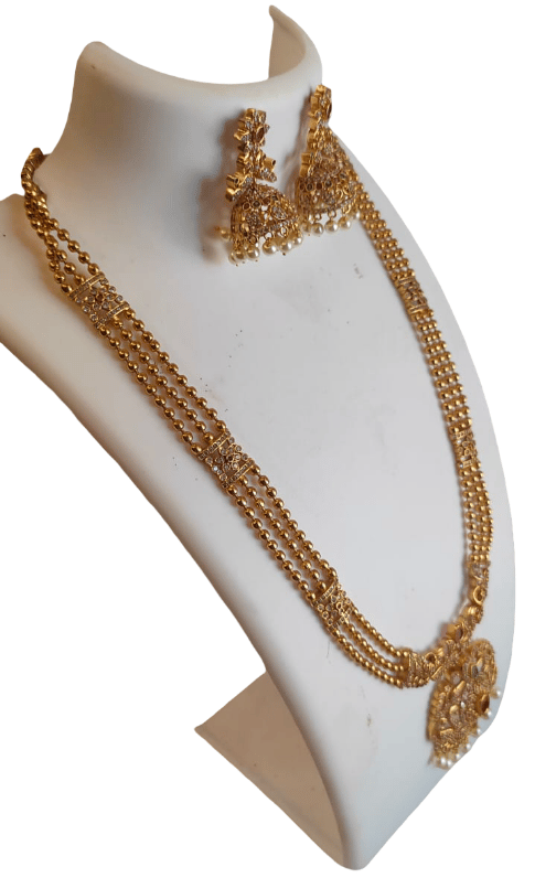 Traditional Gold Plated Three Layer Stone Studded Long Necklace Set view 2