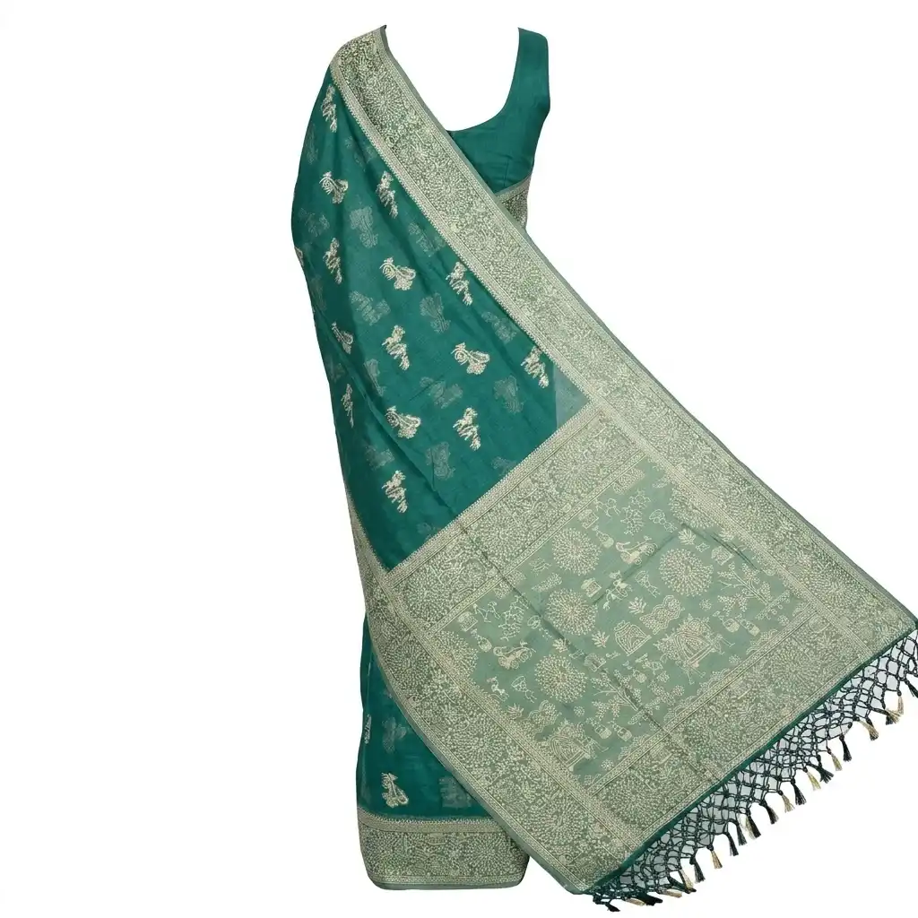 Green Printed Odisha Handloom Saree | Ethnic Woven Cotton view 2