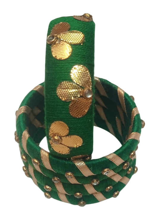 Green Silk Thread Bangles with Golden Zari and Stone Work - Set of 5 view 2