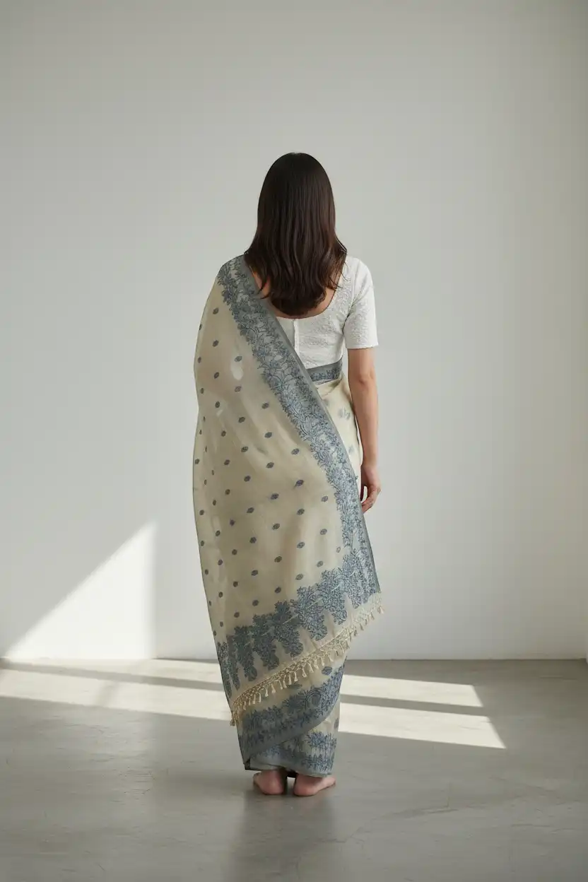 Sambalpuri Baandha Ikat Cotton Saree in Beige and Teal view 2