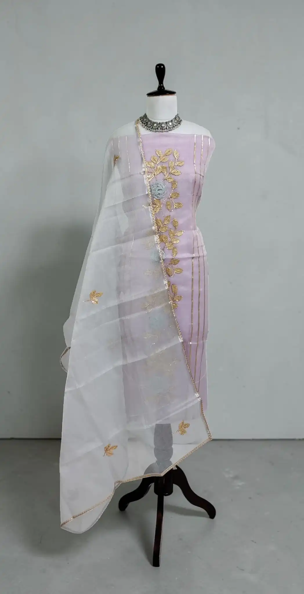 Handwoven Kota Doria Dress Material in Pastel Lilac with Hand Embroidery