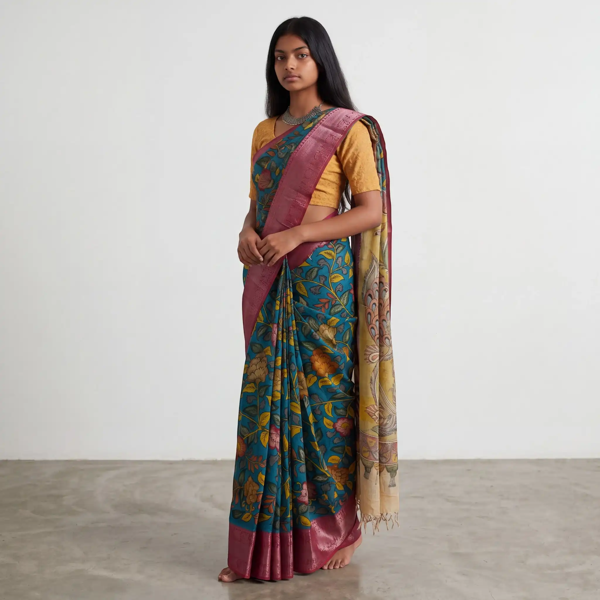 Kalamkari Tussar Silk Saree Teal Blue Peacock Pallu view 2
