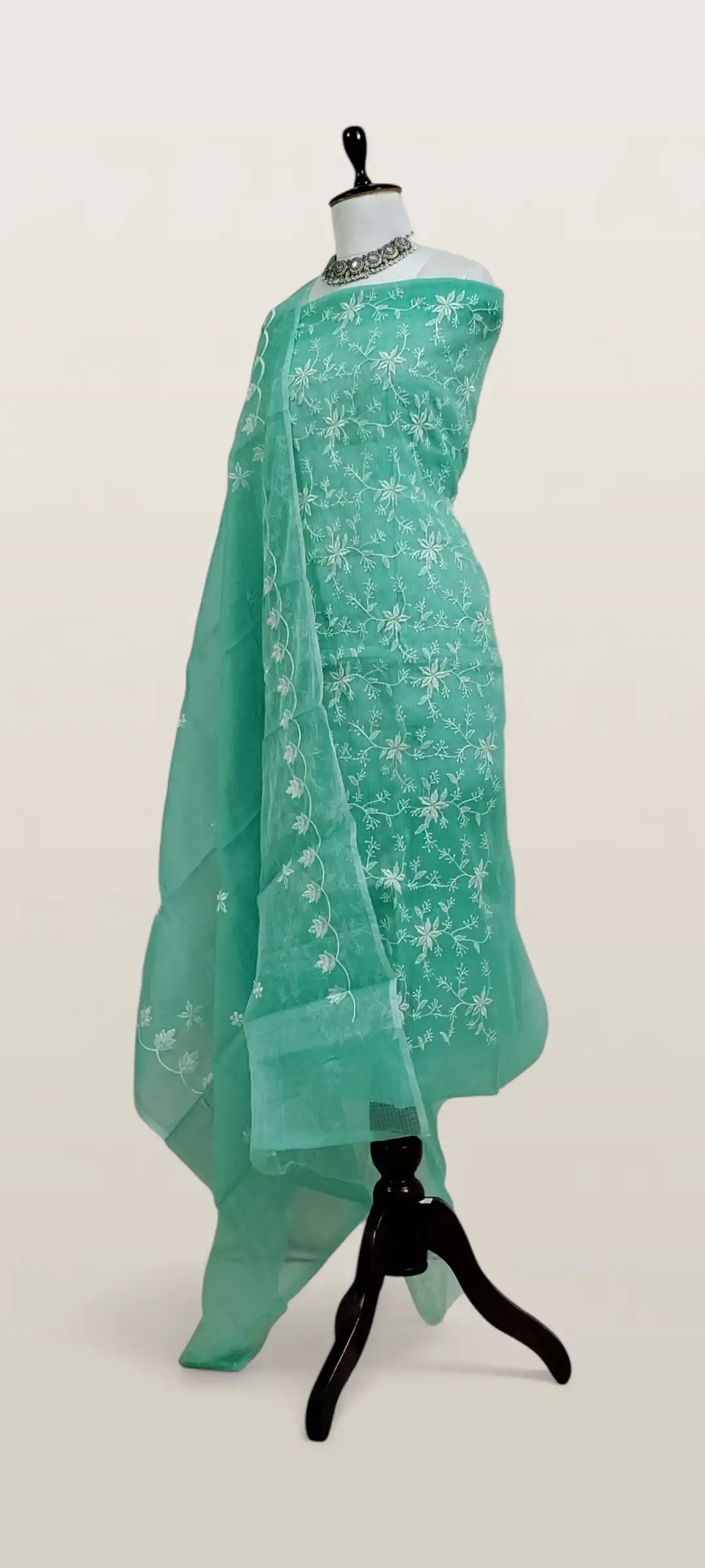 Kota Doria Dress Material Sea Green Floral Jaal view 2