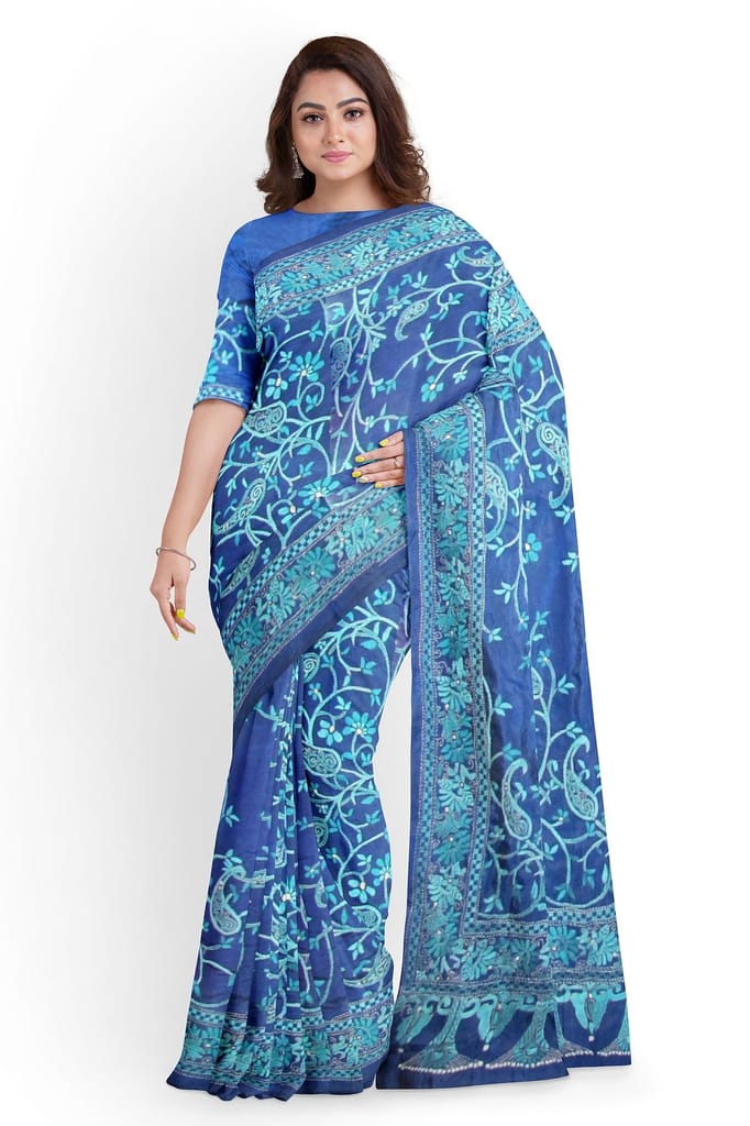 A Blue And Green Embroidered Silk Saree view 2
