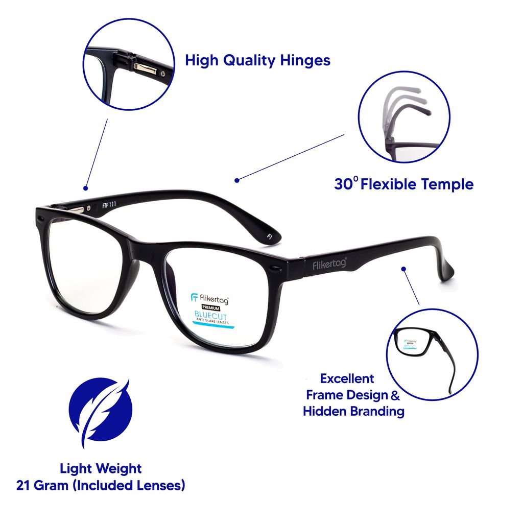 Flikertag Blue Cut Computer Glasses for Eye Protection | Zero Power Blue Light Filter Glasses With UV Protection | Anti Glare Specs for Men & Women [FTF115 F1 Wayfarer Matte Black Frame, 50mm] view 2