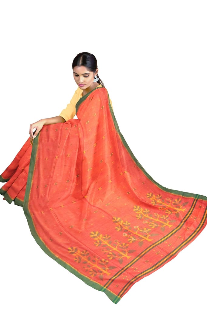 A Fine Peach And Orange Colored Saree On A Cotton Base view 2