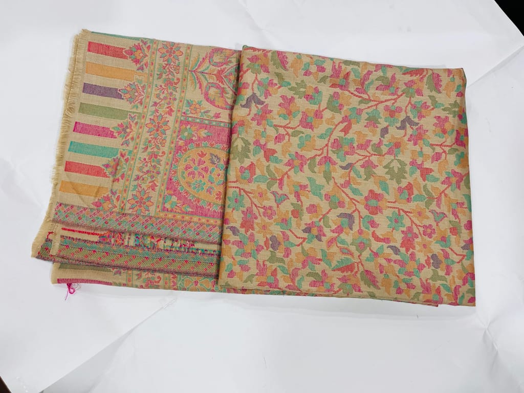 Elegant Kashmiri Shawl for Women � Soft Wool Blend with Golden Base & Multicolour Floral Weave | Traditional Ethnic Wrap & Stole view 2