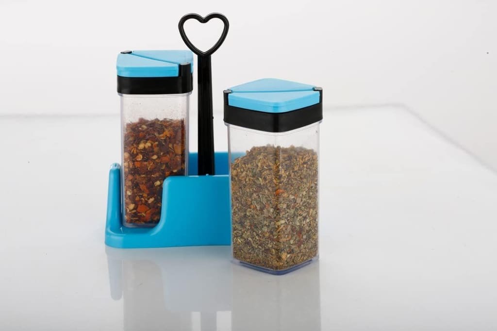 HAPPI Transparent Salt and Pepper Shakers Dispenser Adjust and Sprinkles Set (100 ml Each Jar) 2 Pcs with Stand Revolving Spice Rack for Dining Table Masala Dabbi (Color May Vary) view 2