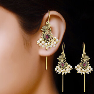 Vivastri Peacock Gold Plated Pearl Alloy Kanphool Guttapusalu Ear cuff,Cuff Earrings for Women & Girls - VIVA2838ERG-RED view 2