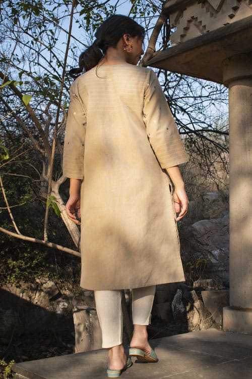 Akriti Beige Handwoven Extra-Weft slit neckline kurta view 2