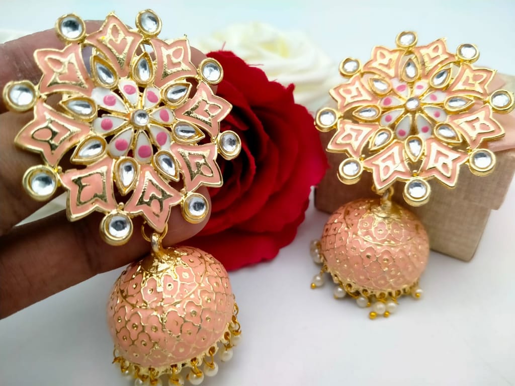 Stylish Ethnic Peach Color Gold Plated Jhumki Earrings for Women view 2