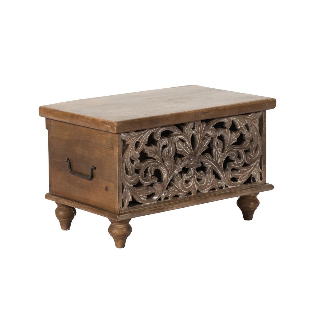 Wooden Carving Trunk Box With Storage, Brown Finished view 2