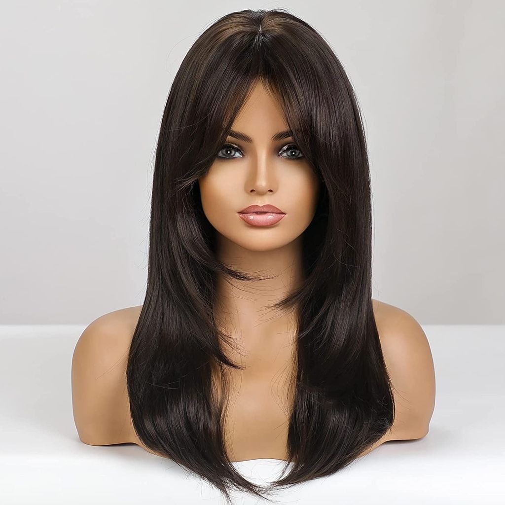 Akashkrishna Long Dark Brown Hair Wigs for Women, Synthetic Hair Wig with Bangs for Daily Use With Comb view 2