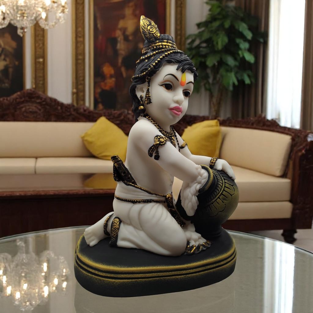 AMS Bal Gopal Makhan Chor Idol � Playful Baby Krishna with Butter Pot Figurine with Peacock Feather Crown, Pristine White Murti Statue for Pooja, Home Decor, Office & Gifting (28x20x15 cm) view 2