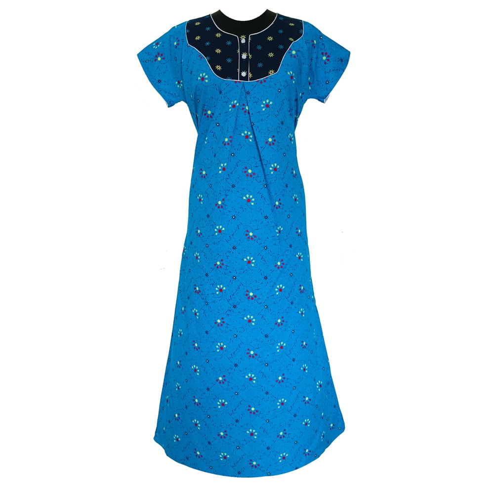 Women's Blue Cotton Printed Long Nightgown