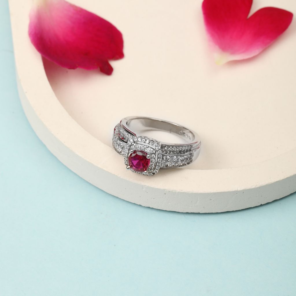 Sterling Silver Pink Gemstone Ring for Women | Halo Design with Cubic Zirconia Accents | Elegant Statement Jewelry I Weight - 5.34 g view 2