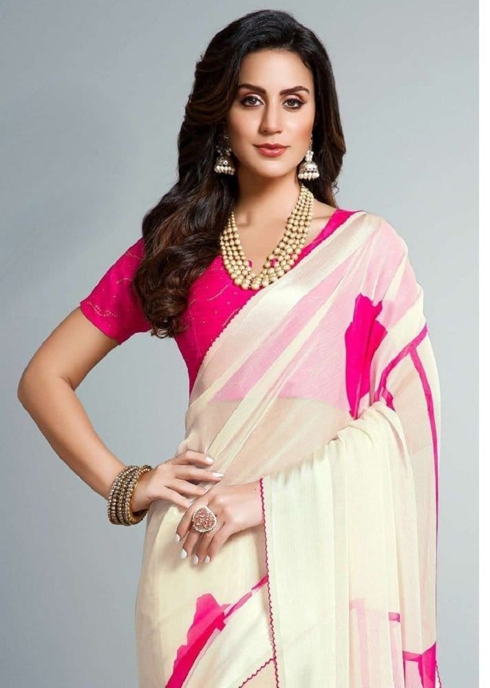 Digital Printed Chiffon Saree in Off White view 2