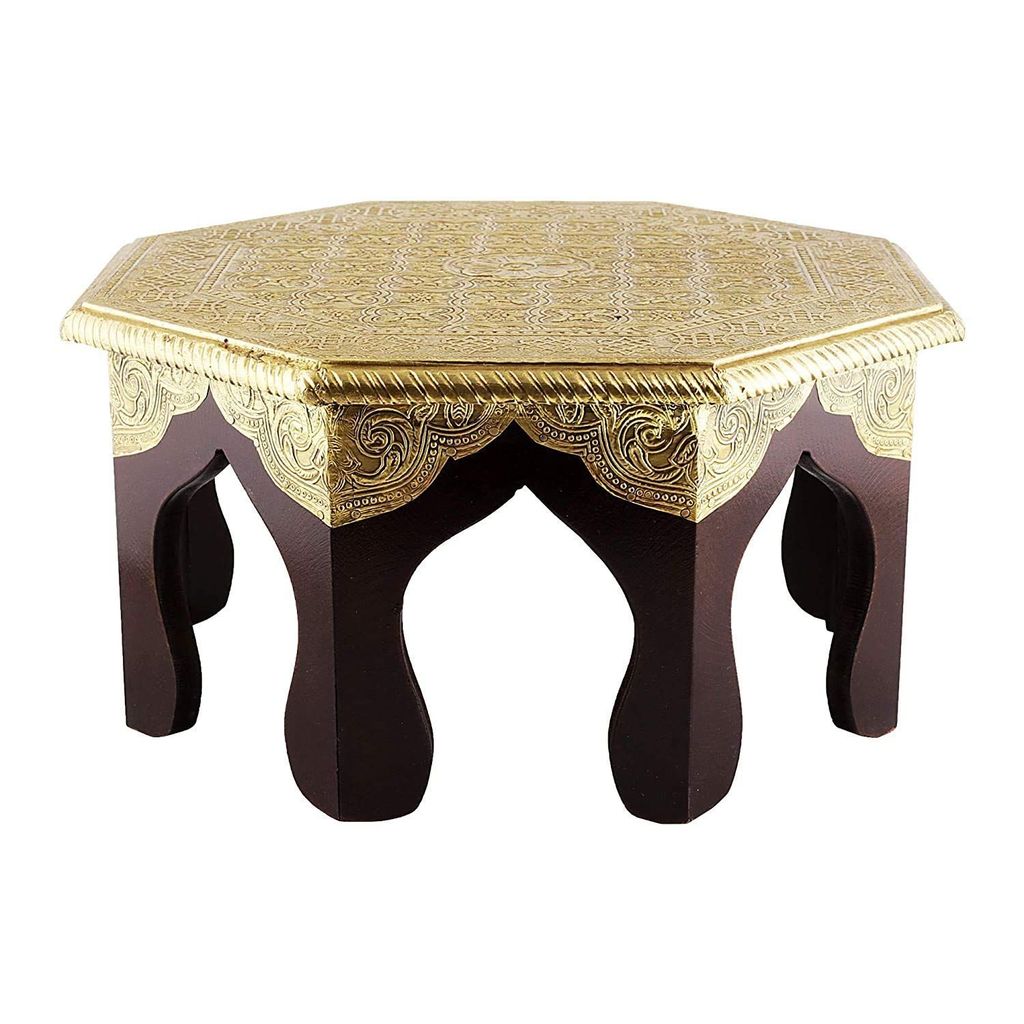 Creative Handicraft45 Octagonal Shape Wood Chowki | Brass Work Pooja Bajot Stool | Home Decor Sitting Table (Gold color) view 2