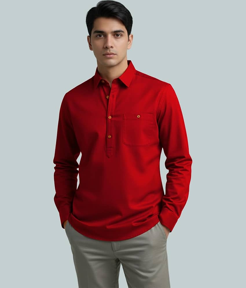 Yugnik Cotton Blend Plain Shirt Style Kurta For Men ( Beige )