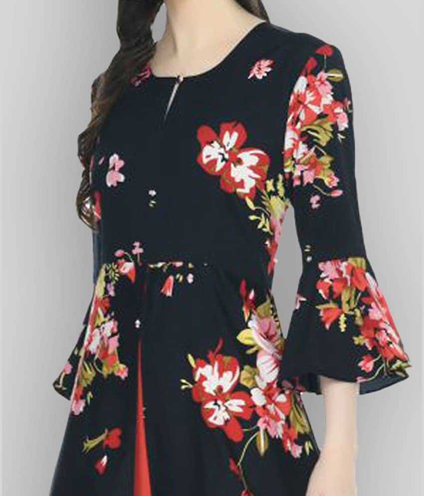 Rudrakriti Women Crepe Printed A-line Dress ( Black ) view 2