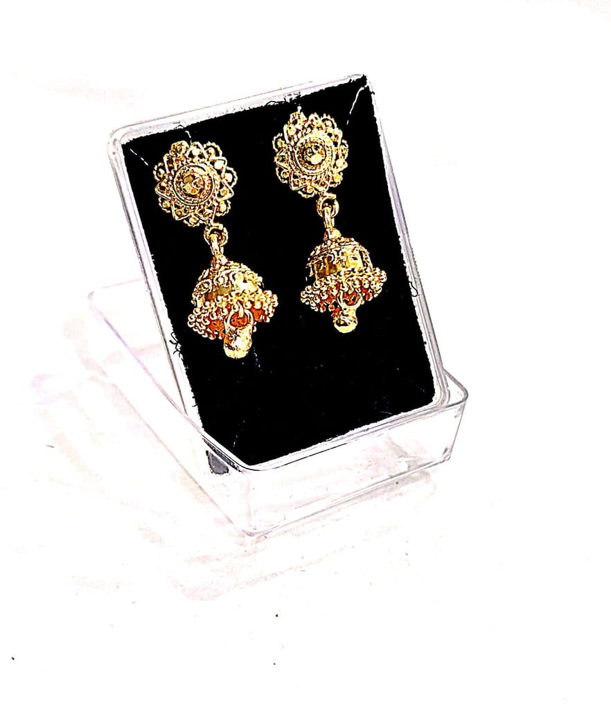 Golden Jhumka Earrings with Intricate Design view 2