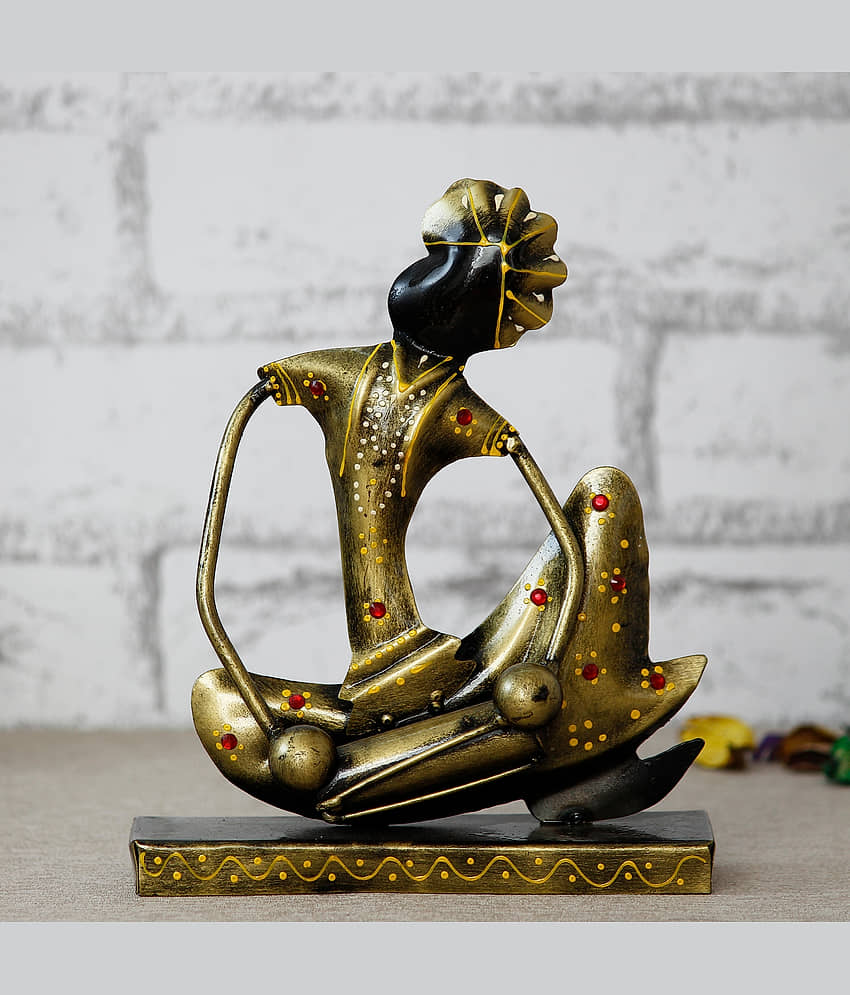 eCraftIndia Gold-Toned & Black Tribal Man with Pagdhi Playing Musical Instrument Dholak Decorative Showpiece view 2
